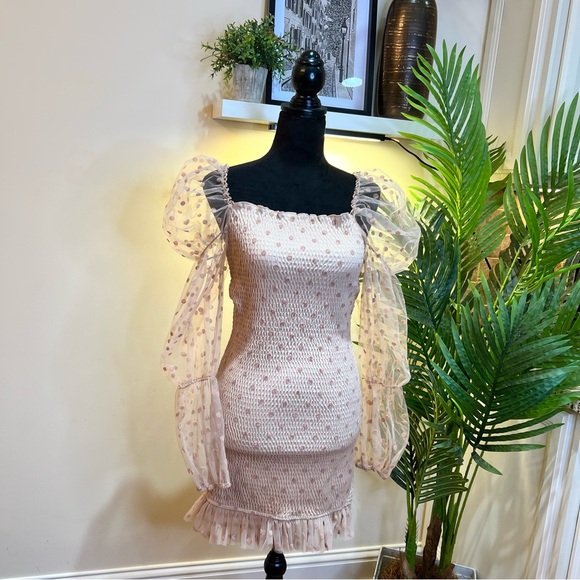 Love Song Thinking About Her Tan Polka Dot Dress w/ Sheer Long Sleeves Large - Picture 3 of 8